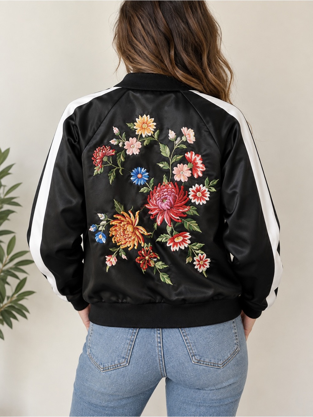 Black Floral Embroidered Bomber Jacket